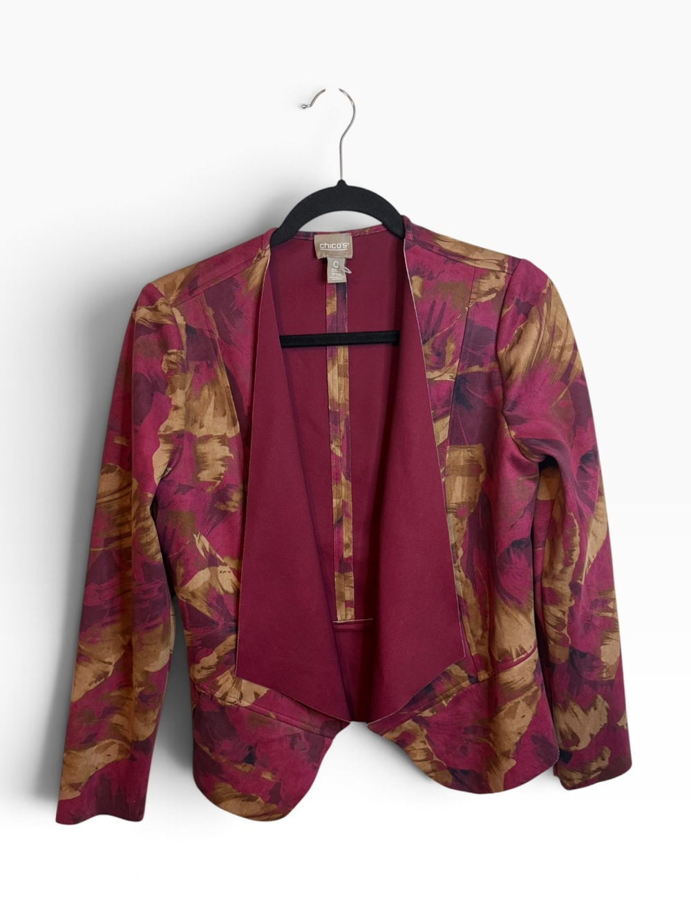 Chicoās Abstract Floral Faux Suede Open Front Drape Jacket